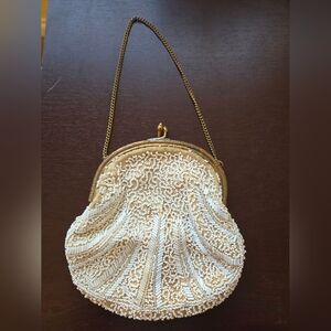 Vintage Longchamps Elegant White Beaded Evening Bag